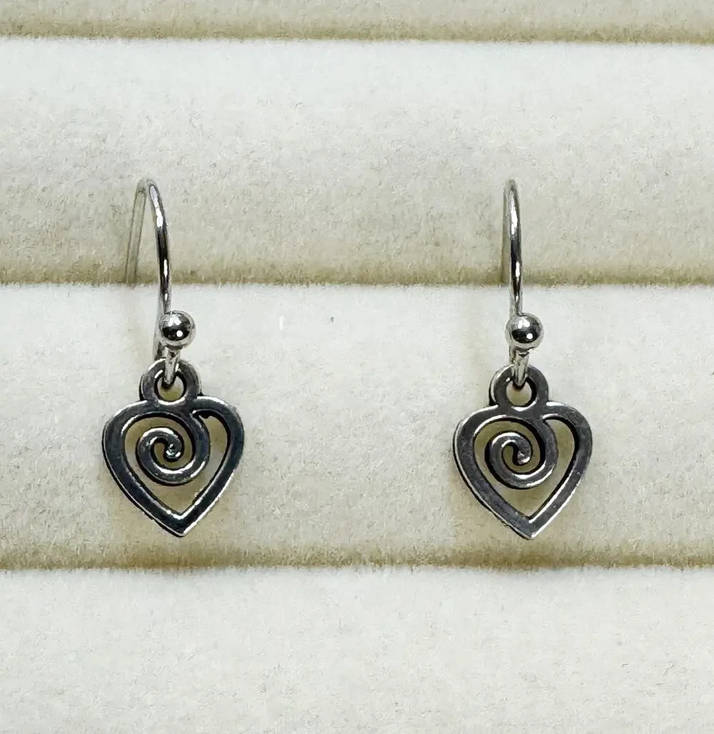 Tiny Silver Heart Dangle Hook Earrings Swirl Open Heart 3/4 Inch Minimalist E482